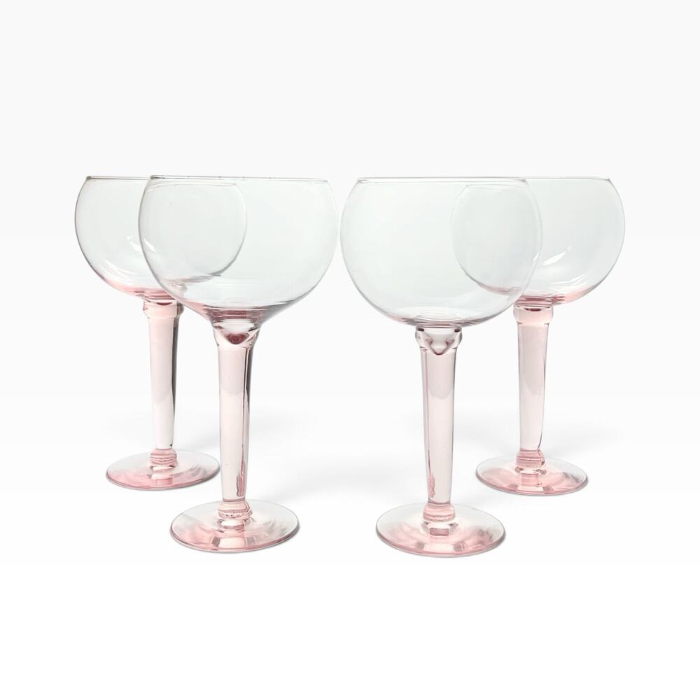 1980s Vintage 4 Blush Pink Blown Large Balloon Bowl Wine Glasses 8 1/2” 22oz